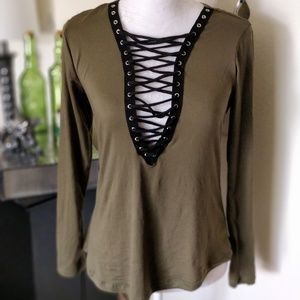 Rue21 Olive Lace Up Long Sleeve Top